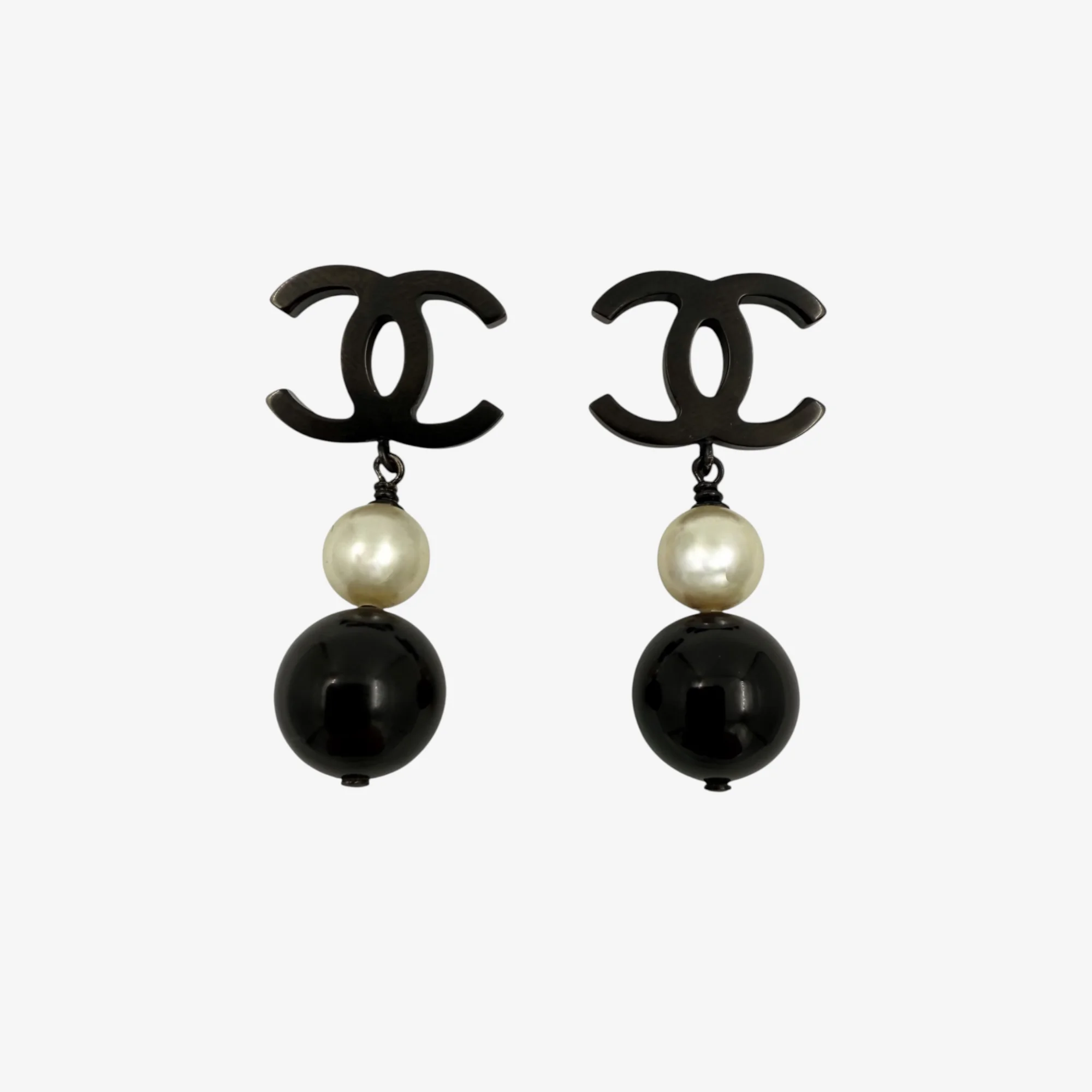 Chanel CC Pearl Black Bead Drop Earrings (2014)