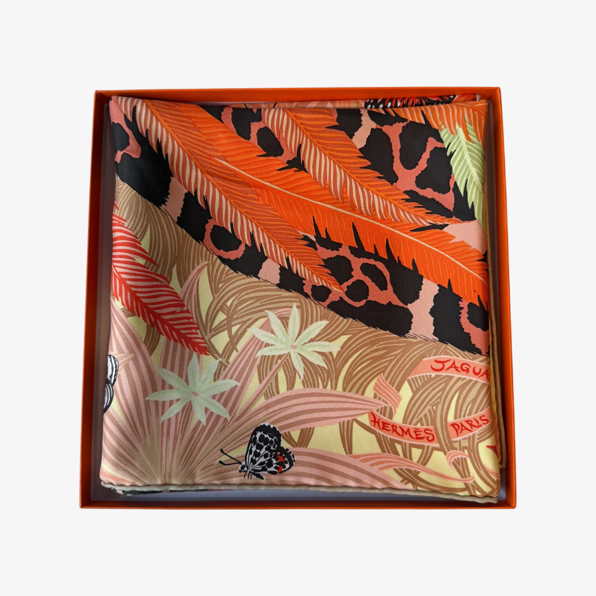 Hermès Jaguar Quetzal silk Carré 90- green/orange/beige - Image 3