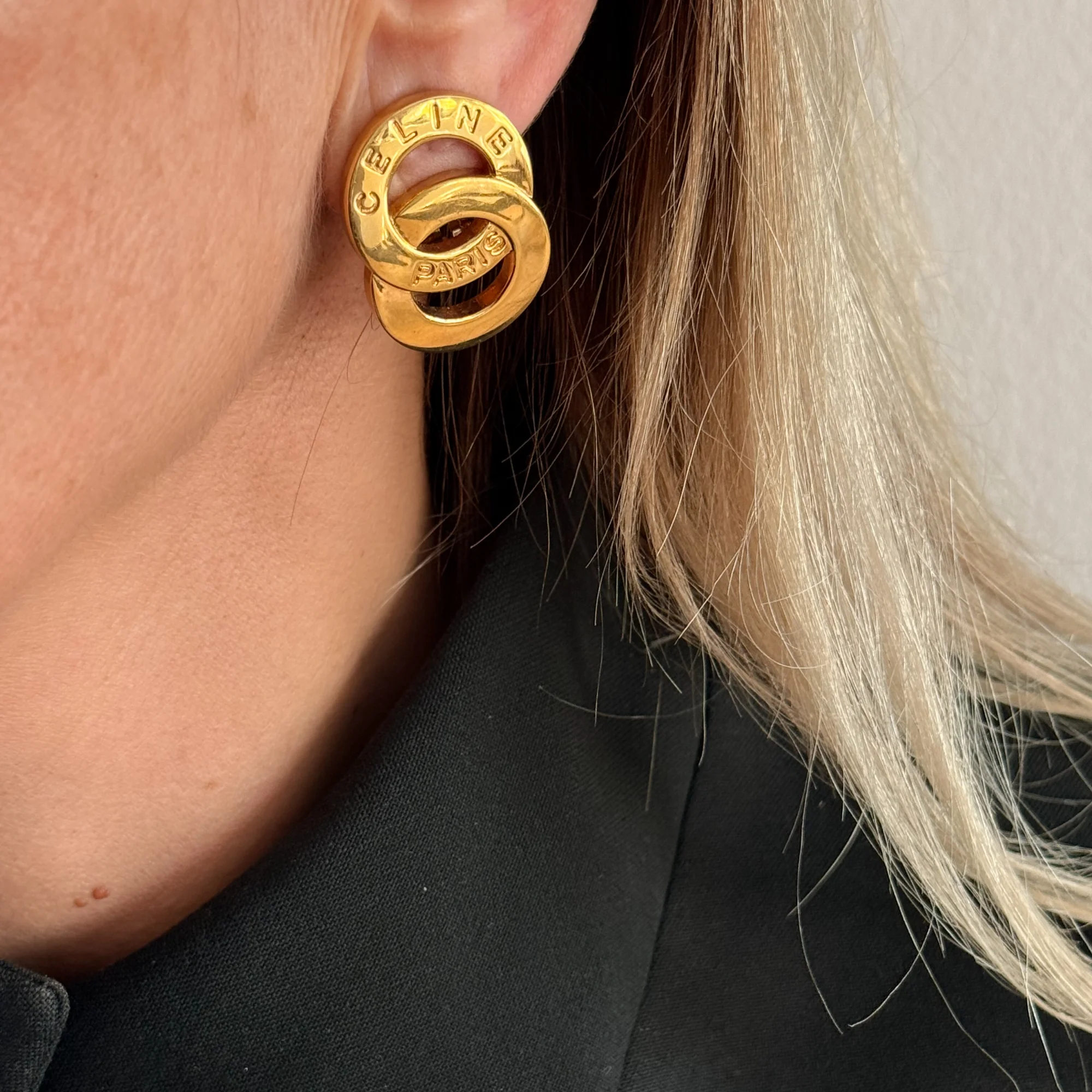 CELINE Vintage Double Round Logo Clip-On Earrings Gold-Tone