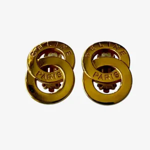 CELINE Vintage Double Round Logo Clip-On Earrings Gold-Tone